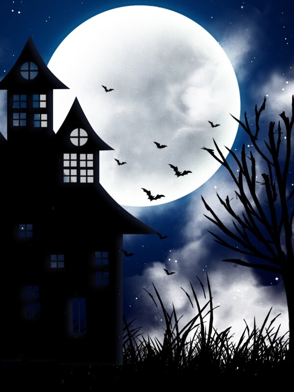 原创梦幻夜晚月亮万圣节城堡扁平插画背景