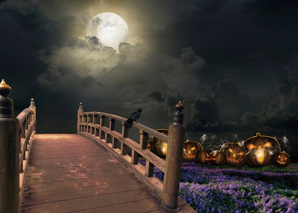 夜晚桥下元素背景图