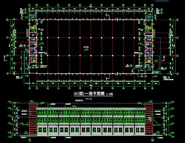 A1A2型厂房一层平面及立面