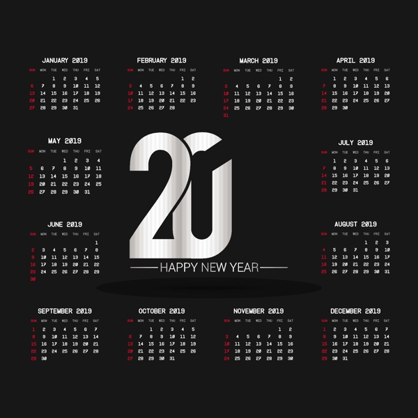 2019带有黑色背景矢量的日历设计