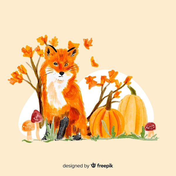 水彩绘秋季狐狸和南瓜