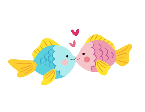 手绘彩色小鱼接吻元素