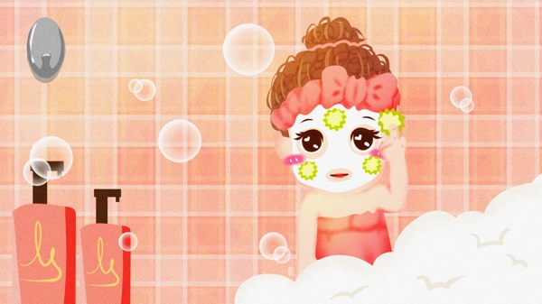 浴室做面膜的女人卡通背景