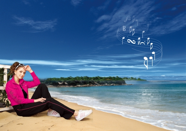 模特沙滩海水音乐元素图片