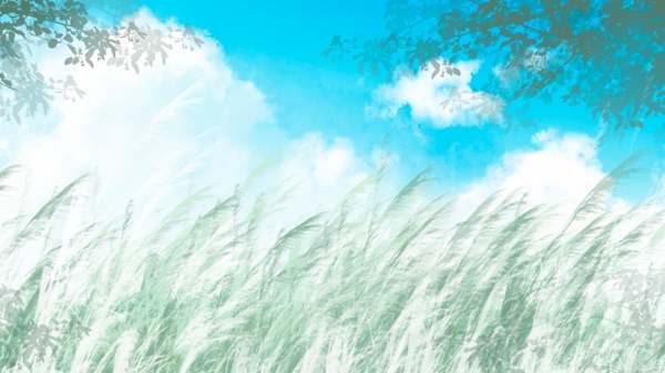 长草绿枝蓝天白云卡通背景