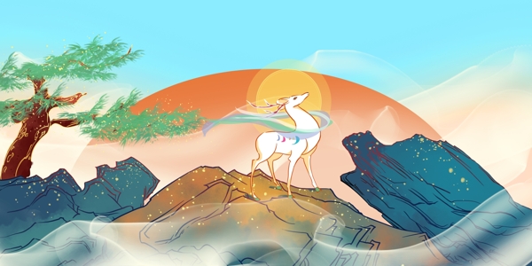 九色鹿传统古风国风插画背景素材