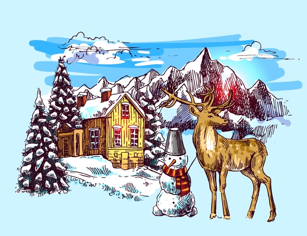 小鹿和雪人雪山冬季动物拟人装饰画矢量