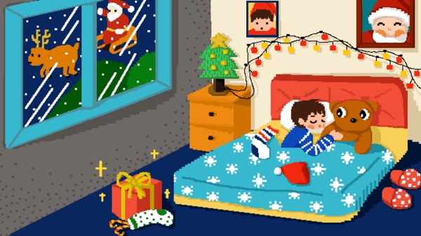 圣诞老人给睡觉的男孩送礼物原创像素插画
