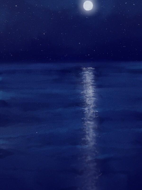 纯手绘原创星空夜晚月亮倒影水彩质感背景