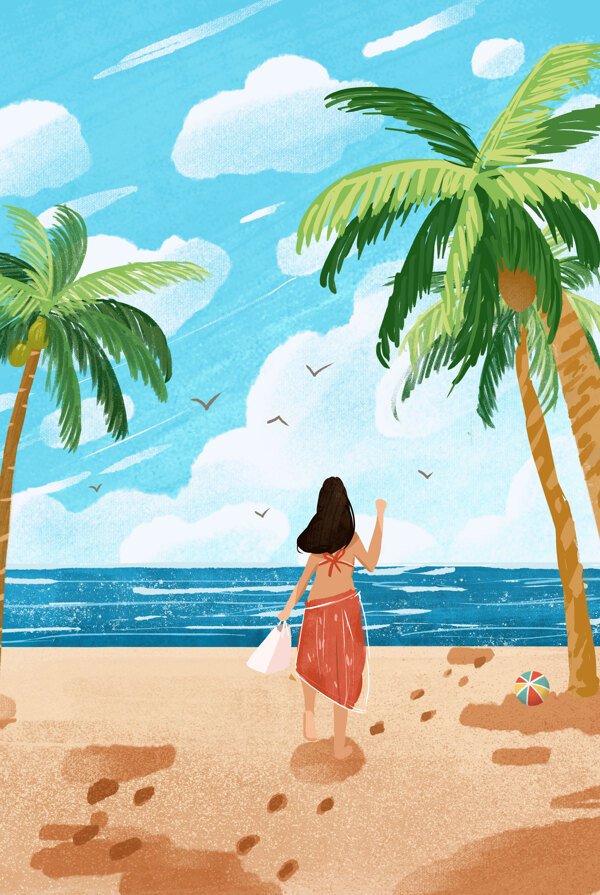 手绘卡通一个女孩在沙滩上背景