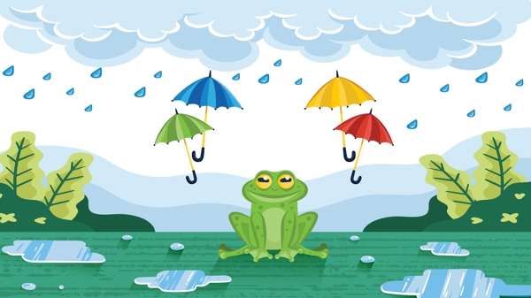 白露晨起秋雨想打伞的青蛙小清新矢量插画