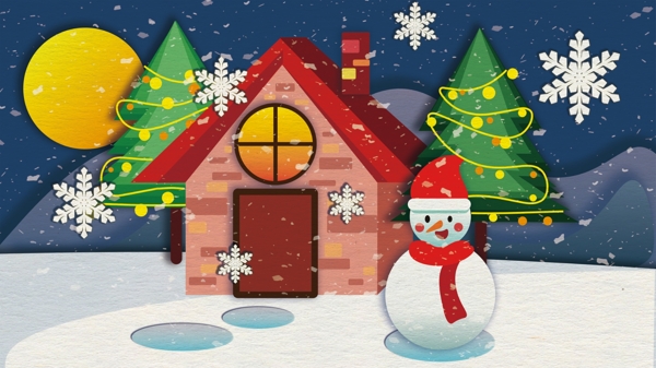 圣诞节剪纸风温馨小屋和雪人矢量插画