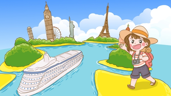 世界旅游日爱旅游的女孩环游世界手绘插画