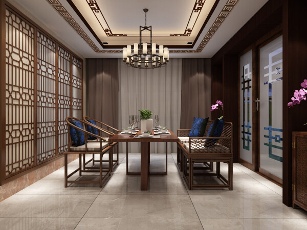 中式风格复古清新家装餐厅效果图