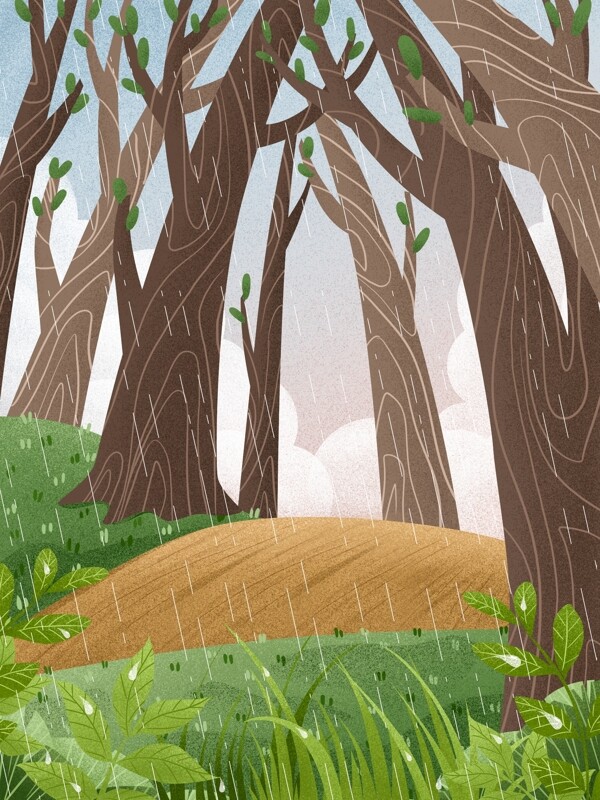 雨季卡通春季树林背景设计