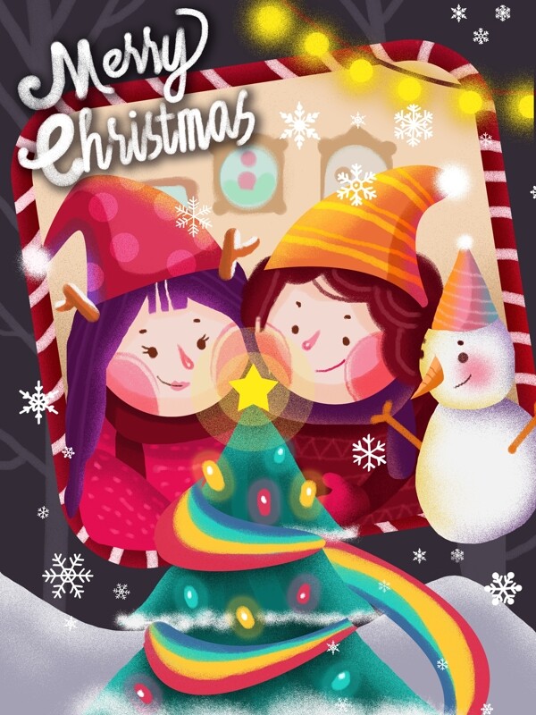 圣诞节女孩和雪人小清新插画