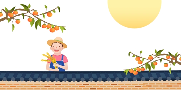 屋顶上搞柿子的人丰收季背景素材