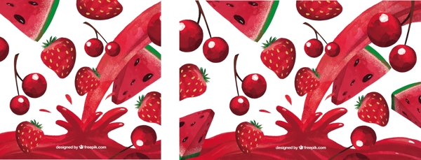 果汁背景与西瓜樱桃和草莓水彩画风格