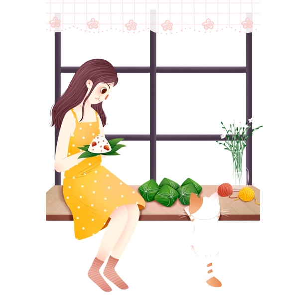 端午节吃粽子的女孩图案