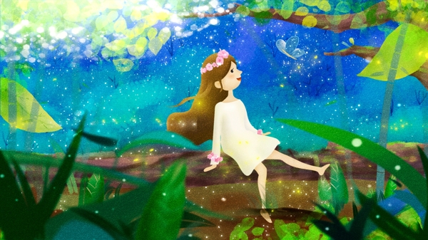 唯美创意手绘治愈森林公主梦游仙境插画