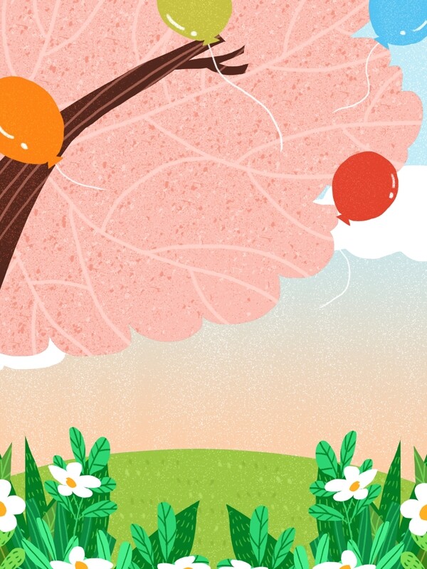 国际儿童节手绘粉色树木气球背景素材