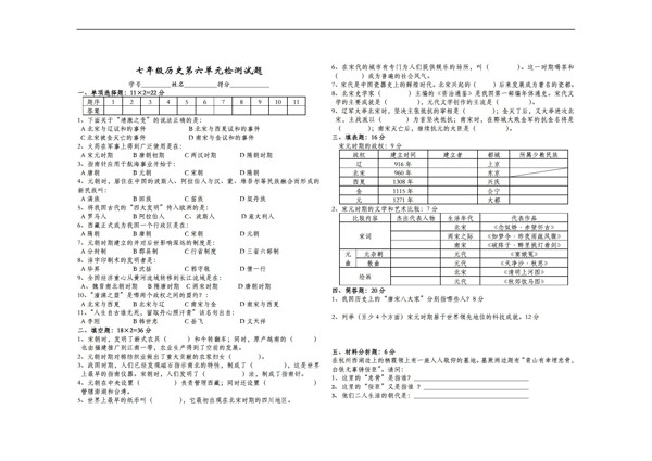 七年级下册历史七年级第六单元检测试题