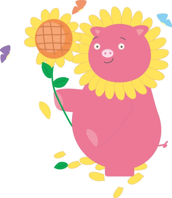 矢量粉色小猪向日葵