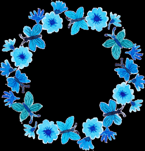 蓝色蝴蝶与花卉卡通透明素材
