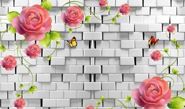 3D砖墙玫瑰背景墙