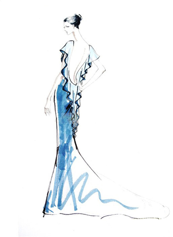 蓝色露背长裙设计图
