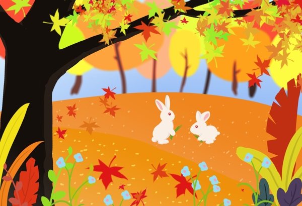 秋季风景兔子秋天枫叶美好可爱原创插画