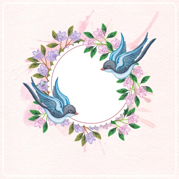 手绘水彩春季燕子花环