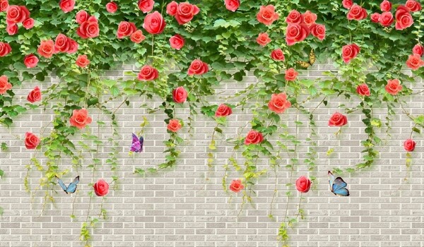 3D砖墙蔷薇花