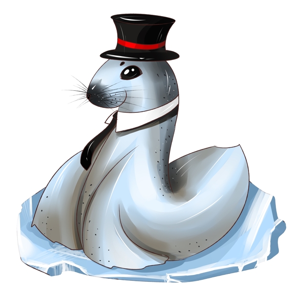 原创手绘珍稀动物海豹礼貌绅士可爱冰川元素