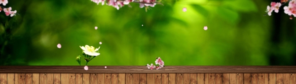 春季绿色木板花卉海报背景