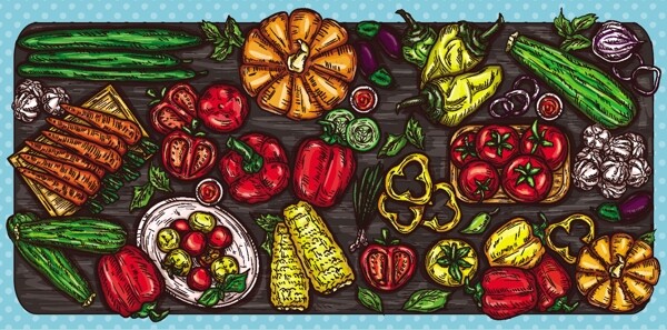 矢量卡通插画各种蔬菜切片在一个木制的背景