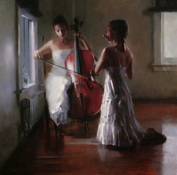 吹笛子和拉大提琴的美女油画图片