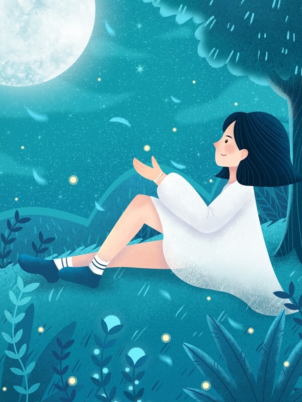 治愈系插画眺望天空的少女