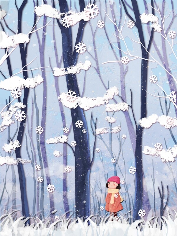 原创插画剪纸风站在大雪里的女孩