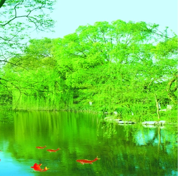 绿色湖面风景装饰画