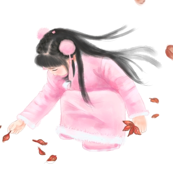 中国风捡落叶的小女孩