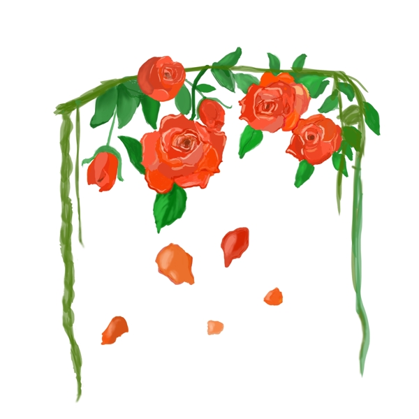 手绘藤蔓上的红玫瑰花矢量元素清新
