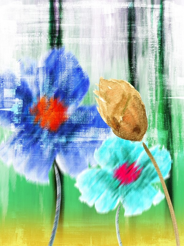 现代蓝色花朵客厅装饰画