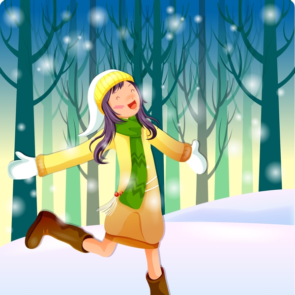 女孩在雪中开心的奔跑图片