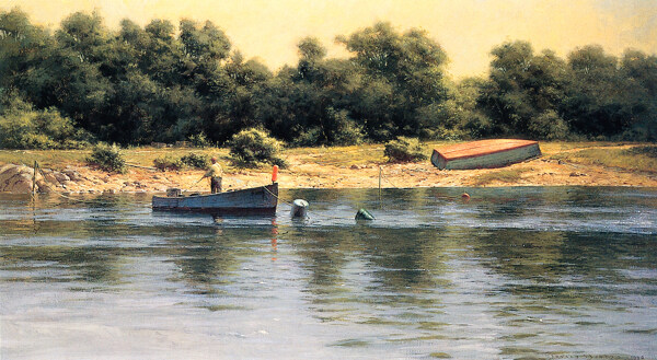 油画河边渔船图片