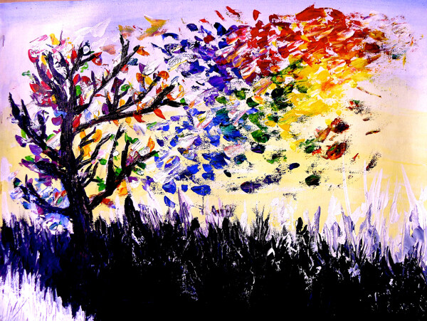 油画彩色的树图片