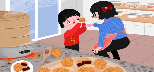 中秋做月饼八月十五团圆团聚小清新插画卡通