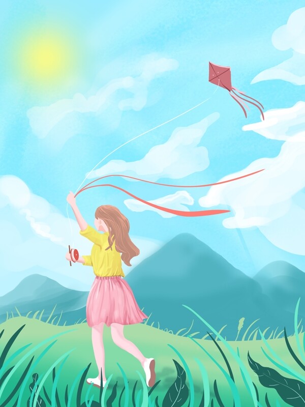 春天儿童放风筝小清新插画女孩在草原上奔跑