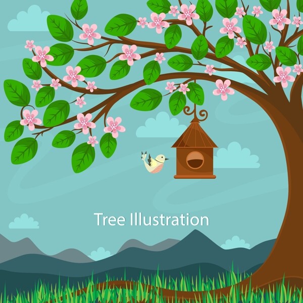 卡通春季花鸟树木海报