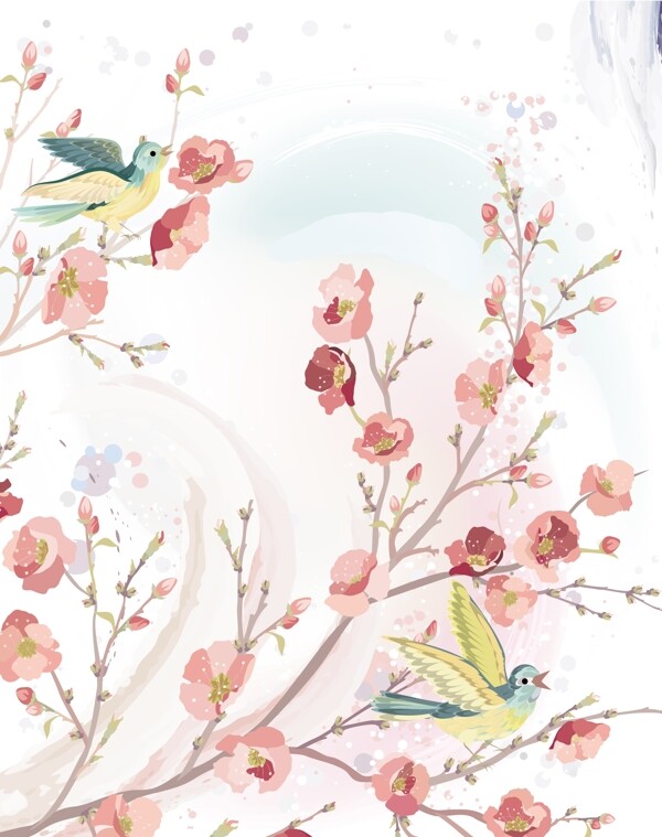 水彩花卉和鸟类矢量素材01